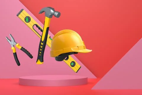 Construction tools and safety equipment floating over podium on abstract ba.. Ilustração Stock