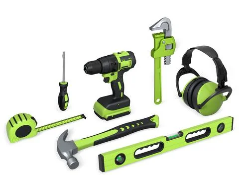 Construction tools and safety equipment shown on white background. Concept of Stock Illustration