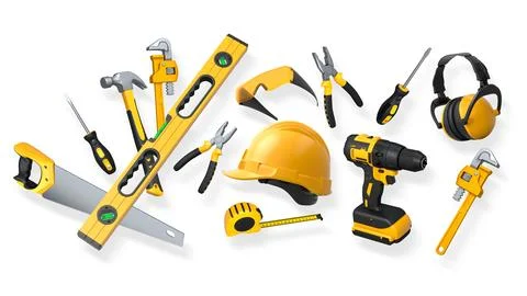 Construction tools and safety equipment shown on white background. Concept of Stock Illustration