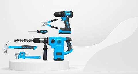 Construction tools and safety equipment floating over podium on abstract Ilustración de archivo