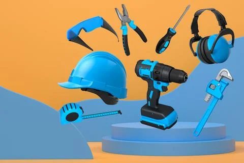 Construction tools and safety equipment floating over podium on abstract Ilustración de archivo