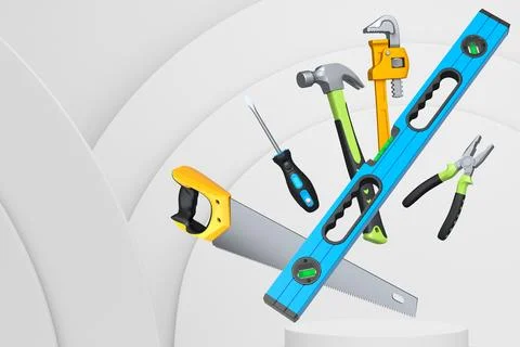 Construction tools and safety equipment floating over podium on abstract Ilustración de archivo