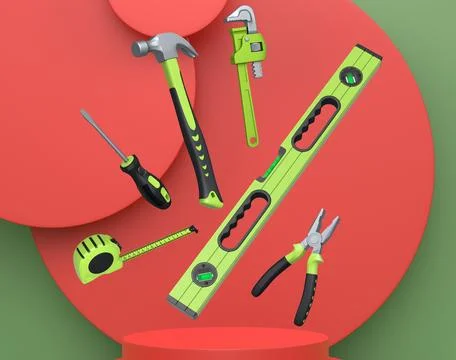Construction tools and safety equipment floating over podium on abstract Ilustración de archivo