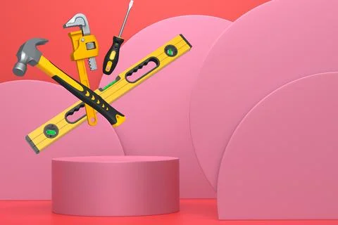 Construction tools and safety equipment floating over podium on abstract Ilustración de archivo