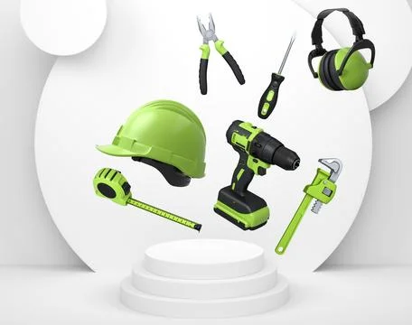 Construction tools and safety equipment floating over podium on abstract Ilustración de archivo