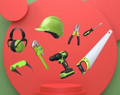 Construction tools and safety equipment floating over podium on abstract Ilustración de archivo