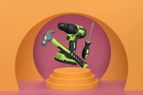 Construction tools and safety equipment floating over podium on abstract Ilustración de archivo