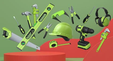 Construction tools and safety equipment floating over podium on abstract Ilustración de archivo