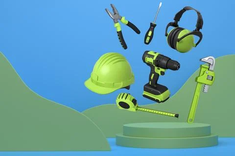 Construction tools and safety equipment floating over podium on abstract Ilustración de archivo