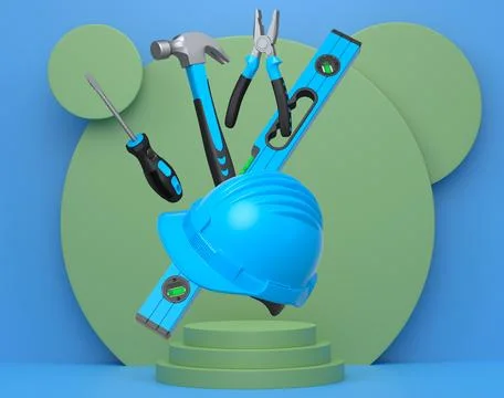 Construction tools and safety equipment floating over podium on abstract Ilustración de archivo
