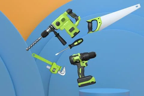 Construction tools and safety equipment floating over podium on abstract Ilustración de archivo
