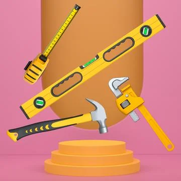 Construction tools and safety equipment floating over podium on abstract Ilustración de archivo