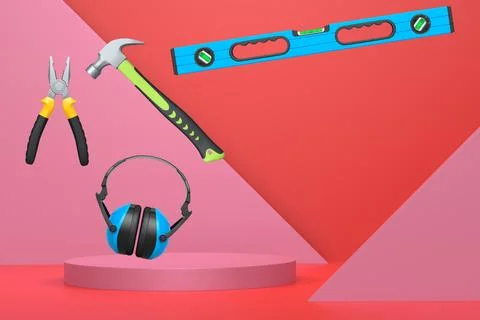 Construction tools and safety equipment floating over podium on abstract Ilustración de archivo