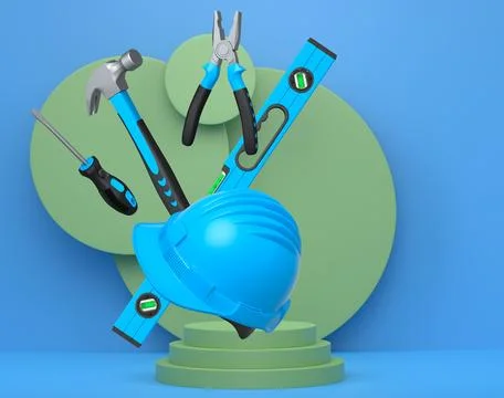 Construction tools and safety equipment floating over podium on abstract Ilustración de archivo