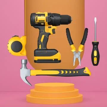 Construction tools and safety equipment floating over podium on abstract Ilustración de archivo