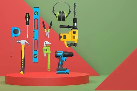 Construction tools and safety equipment floating over podium on abstract Ilustración de archivo