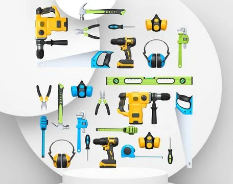 Construction tools and safety equipment floating over podium on abstract Ilustración de archivo