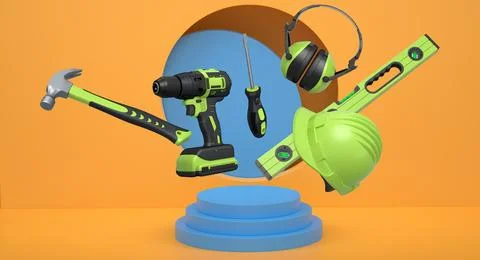 Construction tools and safety equipment floating over podium on abstract Ilustración de archivo
