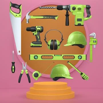 Construction tools and safety equipment floating over podium on abstract Ilustración de archivo