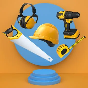 Construction tools and safety equipment floating over podium on abstract Ilustración de archivo