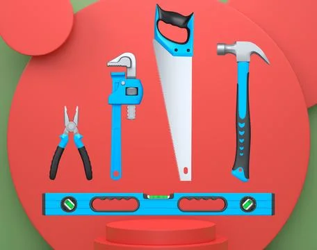 Construction tools and safety equipment floating over podium on abstract Ilustración de archivo
