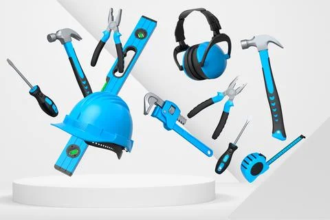 Construction tools and safety equipment floating over podium on abstract Ilustración de archivo