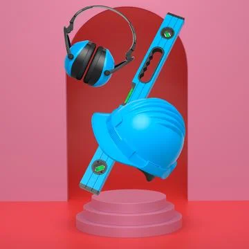 Construction tools and safety equipment floating over podium on abstract Ilustración de archivo
