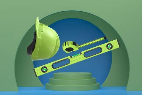 Construction tools and safety equipment floating over podium on abstract Ilustración de archivo