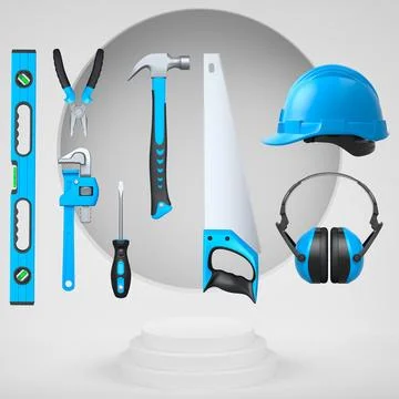 Construction tools and safety equipment floating over podium on abstract Ilustración de archivo