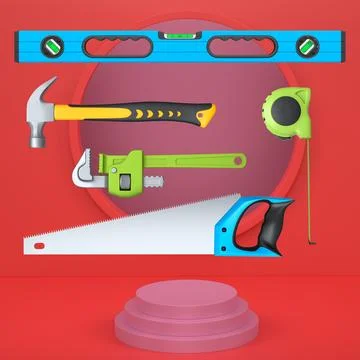 Construction tools and safety equipment floating over podium on abstract Ilustración de archivo