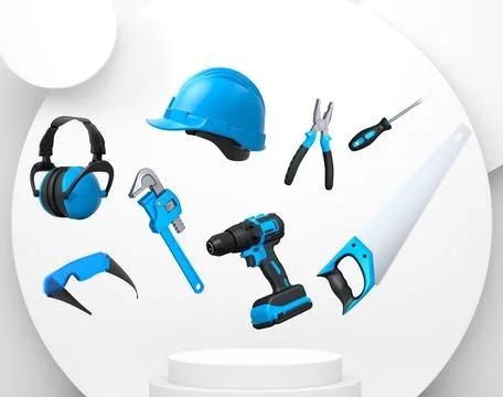 Construction tools and safety equipment floating over podium on abstract Ilustración de archivo