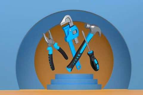 Construction tools and safety equipment floating over podium on abstract Ilustración de archivo