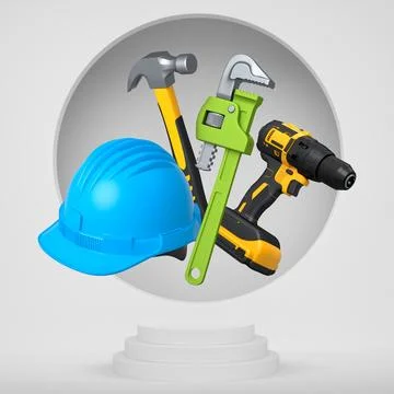 Construction tools and safety equipment floating over podium on abstract Ilustración de archivo