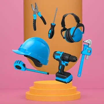 Construction tools and safety equipment floating over podium on abstract Ilustración de archivo