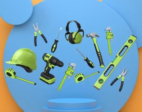 Construction tools and safety equipment floating over podium on abstract Ilustración de archivo