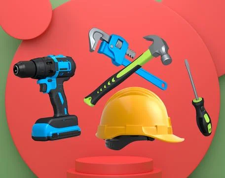 Construction tools and safety equipment floating over podium on abstract Ilustración de archivo
