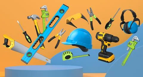 Construction tools and safety equipment floating over podium on abstract Ilustración de archivo