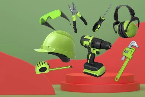 Construction tools and safety equipment floating over podium on abstract Ilustración de archivo