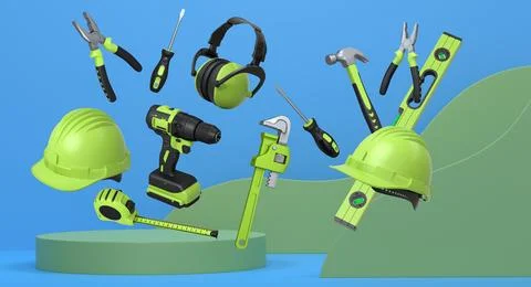 Construction tools and safety equipment floating over podium on abstract Ilustración de archivo