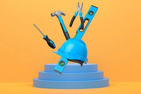Construction tools and safety equipment floating over podium on abstract Ilustración de archivo