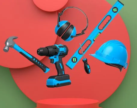 Construction tools and safety equipment floating over podium on abstract Ilustración de archivo