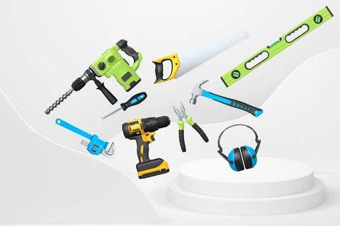 Construction tools and safety equipment floating over podium on abstract Ilustración de archivo