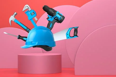 Construction tools and safety equipment floating over podium on abstract Ilustración de archivo