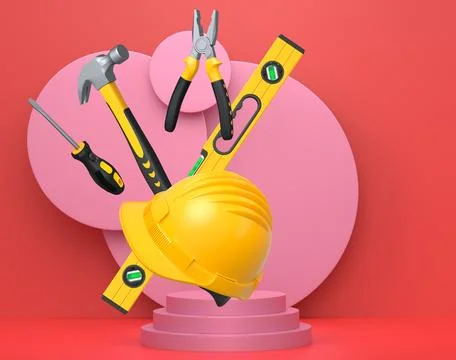 Construction tools and safety equipment floating over podium on abstract Ilustración de archivo
