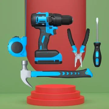Construction tools and safety equipment floating over podium on abstract Ilustración de archivo