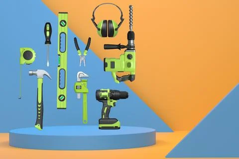 Construction tools and safety equipment floating over podium on abstract Ilustración de archivo