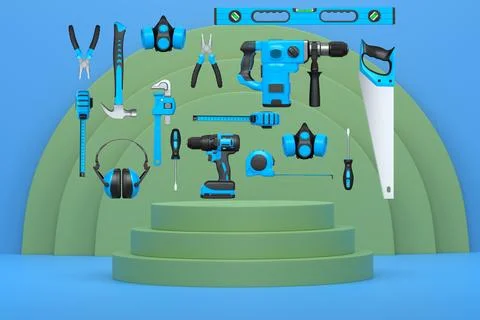 Construction tools and safety equipment floating over podium on abstract Ilustración de archivo