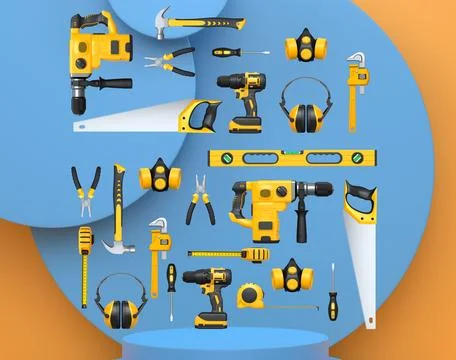 Construction tools and safety equipment floating over podium on abstract ba.. Ilustración de archivo