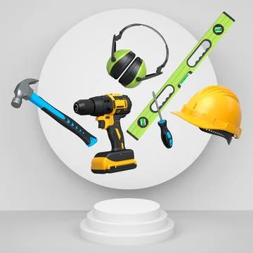 Construction tools and safety equipment floating over podium on abstract ba.. Ilustración de archivo