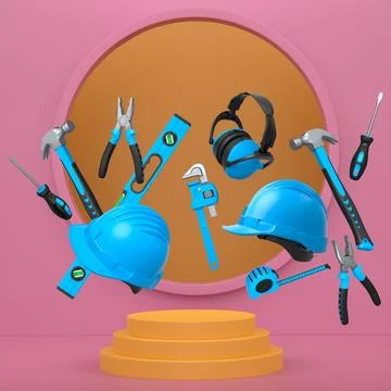 Construction tools and safety equipment floating over podium on abstract ba.. Ilustración de archivo